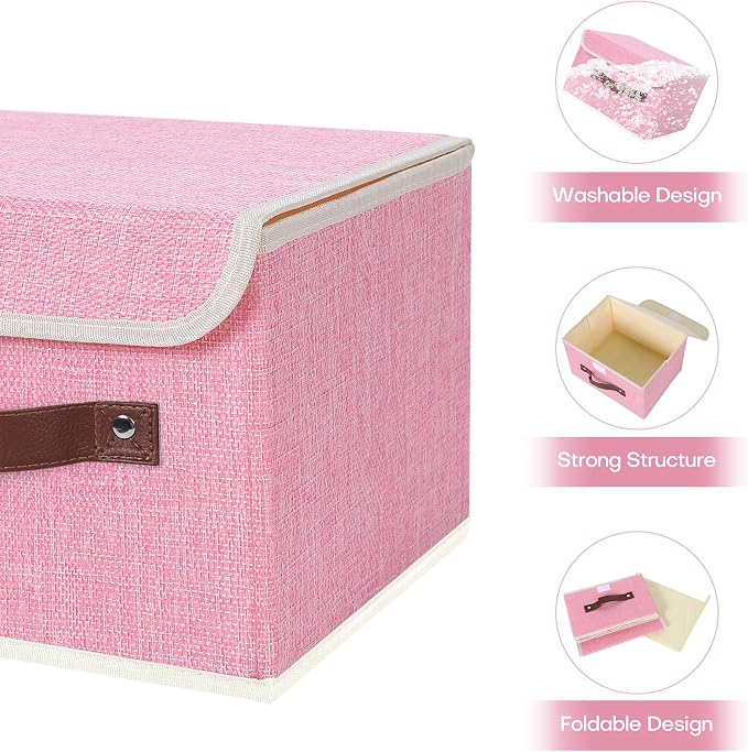 ANMINY Fabric Storage Box Bins with Lids, Pink, 10"x8"x7", 4 Pack | Keepsake Memory Storage, Cotton Linen, PP Board Reinforced, Washable, PU Handles, Foldable & Stackable, Decorative, Small - Image 4