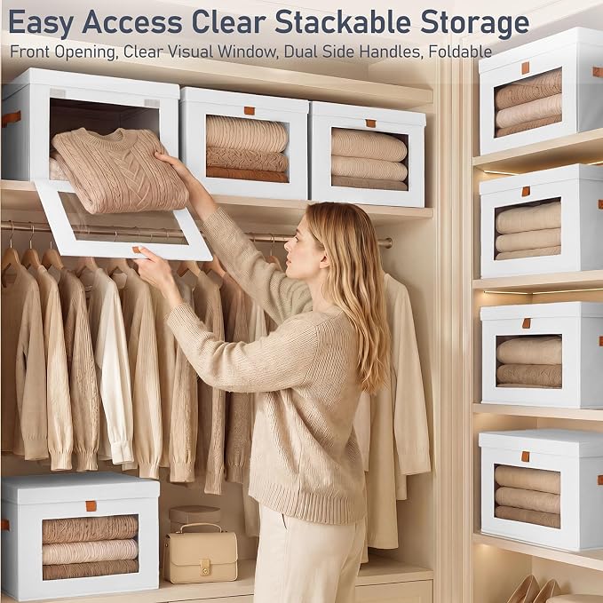 DIMJ Storage Bins with Lids - 5 Pack Front Opening Stackable Fabric Storage Boxes with Clear Window & Handles, Collapsible Closet Organizers for Clothes, Sweaters, Shelf Storage, Bedroom, White - Image 2