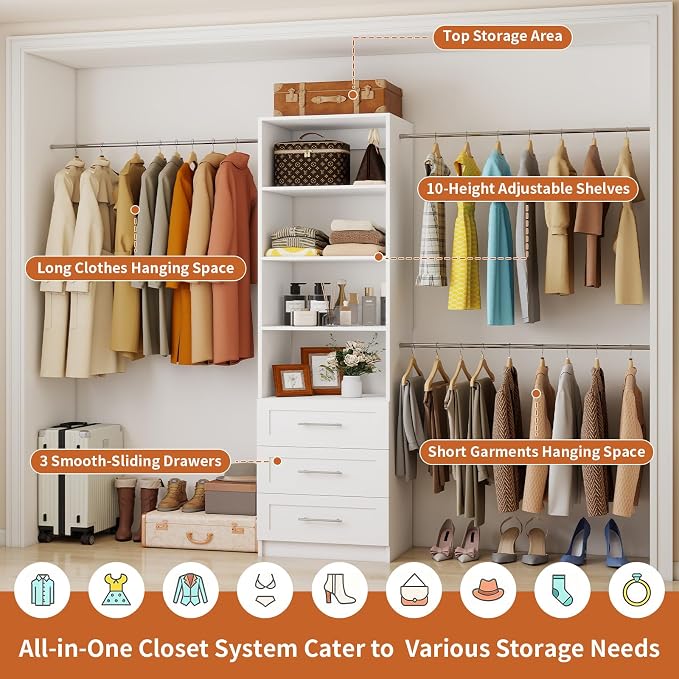 Fastgo Closet System with Drawers, 5-9FT Closet Organizer System with 4 Expandable Rods & Adjustable Shelves for Walk in Closet, 96” Built in Closet System Tower, Small Closet Storage System, White - Image 8