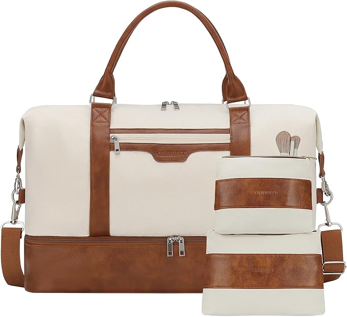 Oeihuivt Weekender Bags for Women - 21 Inch Large Travel Duffel Bag 3-Piece Set with Shoe Compartment, Heavy-Duty Canvas & Leather Carry On Overnight Tote (Airplane Approved) by Oeihuivtweekenderbag