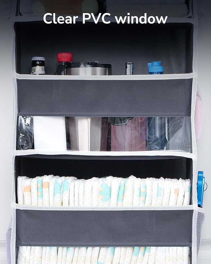 ULG 1 Pack Over Door Organizer with 5 Large and 10 Mesh Side Pockets, 44 lbs Weight Capacity Hanging Storage with Clear Window Kids Toys, Shoes, Diapers, Dark Grey, 5 Layers - Image 4
