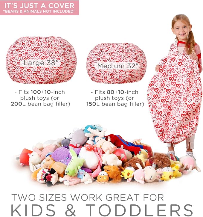 Aubliss Stuffed Animal Bean Bag Storage Chair, Beanbag Covers Only | for Organizing Plush Toys, Turns into Bean Bag Seat for Kids When Filled, Medium 32"-Canvas Pattern Heart - Image 4