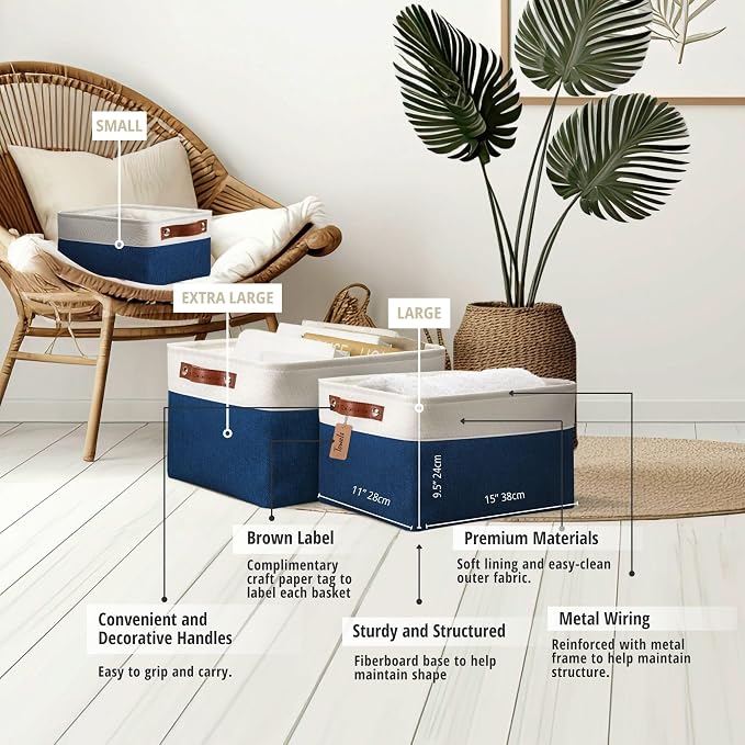 DECOMOMO Storage Bins, Large Fabric Storage Baskets for Shelves 4 Pack | 15 x 11 x 9.5 inches Decorative Linen Closet Organizers (Navy Blue & White) - Image 6