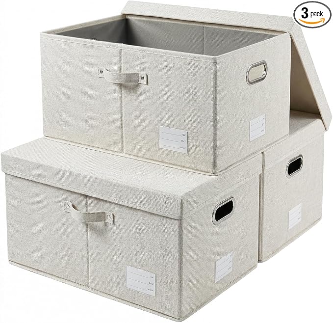 Storage Bins with Lids [3-Pack] Linen Fabric Foldable Storage Boxes Organizer Containers Baskets Cube with Cover for Bedroom Closet Office Beige (23.4X15.9X11.4) by Prandom