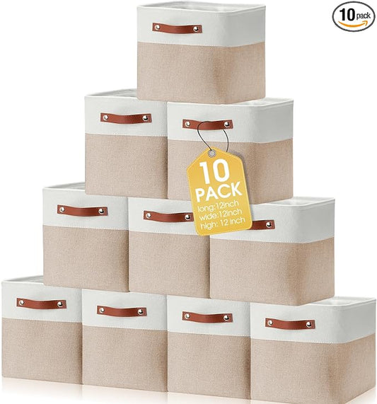 Uiifan 10 Pcs Collapsible Storage Bins Fabric Foldable Storage Basket with Handles Cloth Organizer Linen Shelf Baskets for Shelves Home Closet Nursery Toys(12 x 12 x 12 Inch,Beige and White) by Uiifan