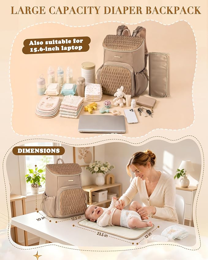 Marscamd Diaper Bag Backpack with Changing Pad, Large Baby Bag, Camel | with Stroller Straps, Insulted Bottle Pockets, Luggage sleeve, for Travel & Labor Delivery - Image 5