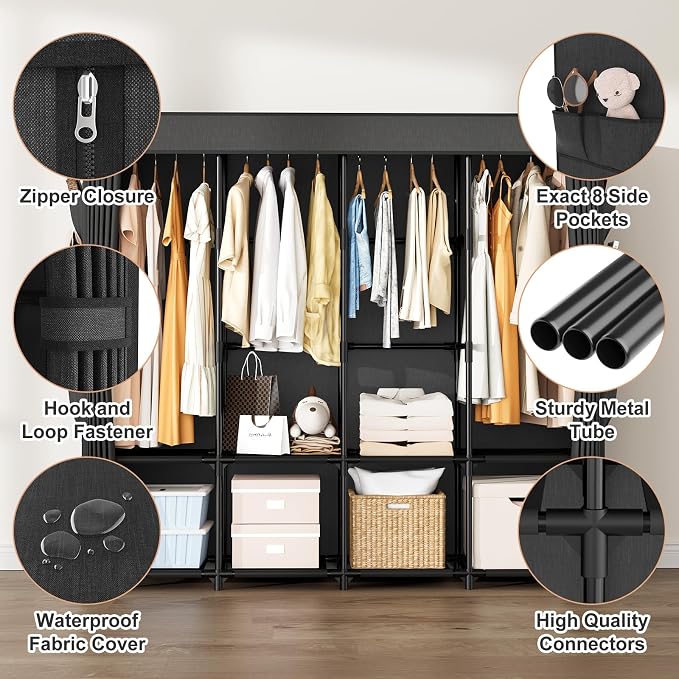 Portable Closet for Hanging Clothes, 67 Inch Wide Portable Wardrobe Closet with Cover, 4 Hanging Rod, Storage Shelves and Side Pockets, Large Free Standing Closet for Bedroom, Black - Image 5