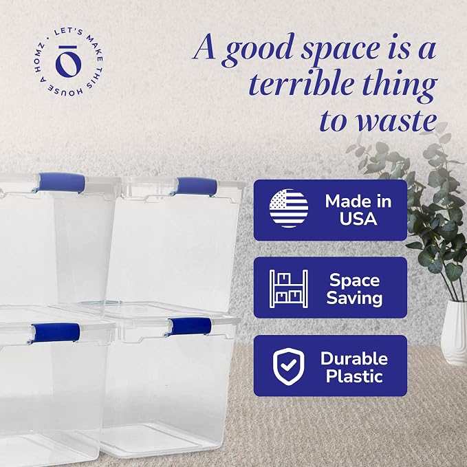 HOMZ Clear Plastic Storage Bins with Latching Lids, 31 Qt, Blue, 4 Pack | Stackable Container Set for Home, Office Shelves, Kitchen, Garage, and Bathroom Organization - Image 5