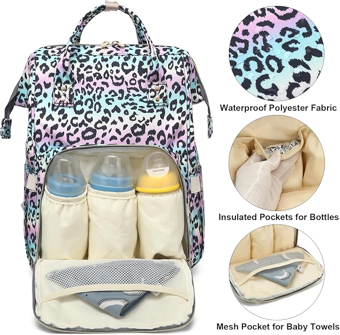 Leopard Baby Diaper Bag Backpack for Women, Large Capacity Waterproof Maternity Travel Nappy Backpacks with Stroller Straps - Image 2