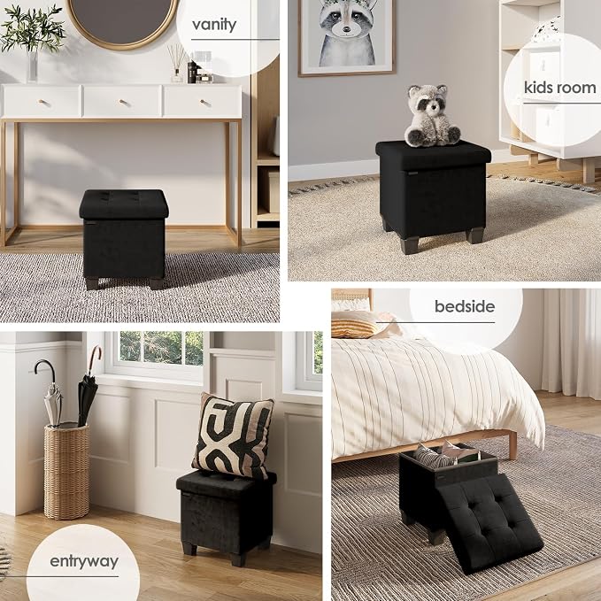 Storage Ottoman Cube with Small Bin, 15-in Square Ottoman with Storage for Living Room and Bedroom, Small Ottomans Foot Rest, Velvet Foot Stools Ottomans Max 330lbs, Black - Image 5