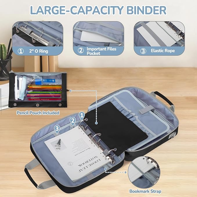 YARWO 2026 Upgraded Zipper Binder 3 Ring Binder Bag with Pencil Pouch | 500 Sheets Capacity, 5-Tab Expanding File Folder, 14” Laptop Padded Sleeve, Shoulder Strap, for College, Office, Home, Black - Image 3