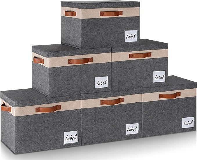 GhvyenntteS Large Storage Bins with Lids 6 Pack, Large Closet Storage Bin with Lid and 3 PU Handles, Foldable Fabric Storage Boxes with Label Window for Home Office (Beige, 15" x 11" x 9.7") by GhvyenntteS