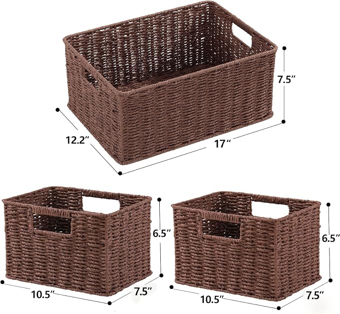 HOONEX Large Woven Baskets for Storage, Paper Rope Baskets with Sturdy Metal Wire Frame, Baskets for Shelves, Set of 3, Dark Brown - Image 7