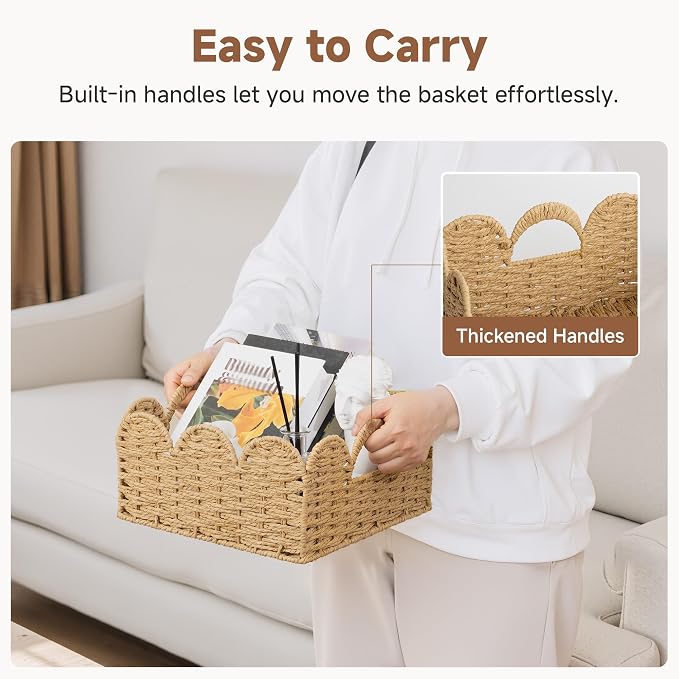 StorageWorks Scalloped Wicker Basket, Wicker Storage Baskets, Paper Rope | Woven Baskets for Storage, Wicker Storage Baskets for Shelves, Large Wicker Basket, Shelf Basket with Handles, 2 Pack - Image 4