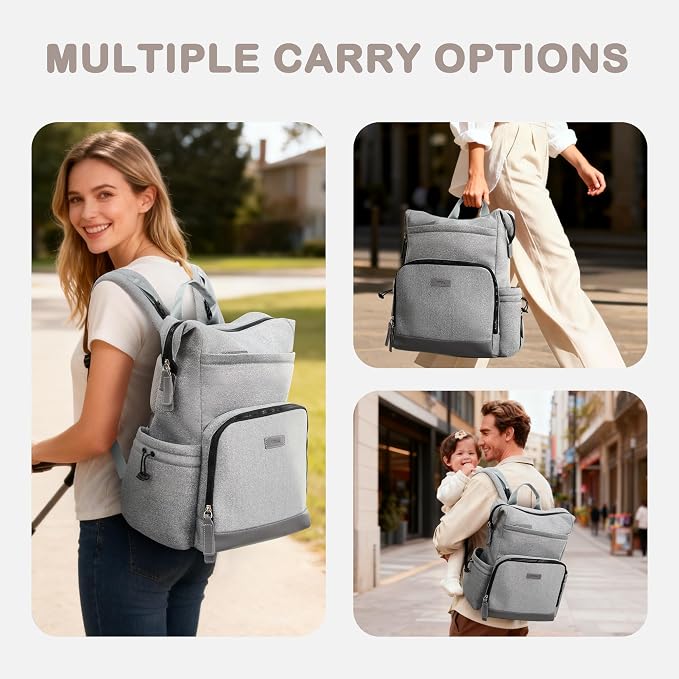 VONAL Neoprene Diaper Bag Backpack with Changing Pad, 33L Large Capacity Neoprene Backpack Baby Diaper Bag with Insulated Pockets, Travel Diaper Backpack Baby with 12 Pockets for Mom & Dad, Gray - Image 2