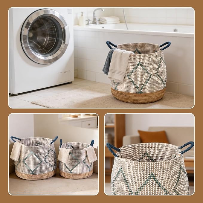 Laundry Hamper 4pcs with Handles, Natural Seagrass Woven Laundry Hamper Baskets for Home Organization - Bedroom, Bathroom, Laundry Room - Stackable for Clothes, Toys, Blankets 49L &29L & 10.7L & 7.6L - Image 2