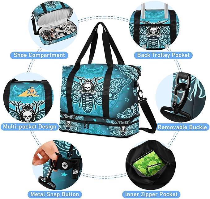 Travel Duffel Tote Bag Butterfly Skull Boho Sports Duffel Bag with Wet Pocket Weekender Overnight Bag for Women Men Gym Bag, Carry On Bag Hospital Bag for Labor and Delivery - Image 4