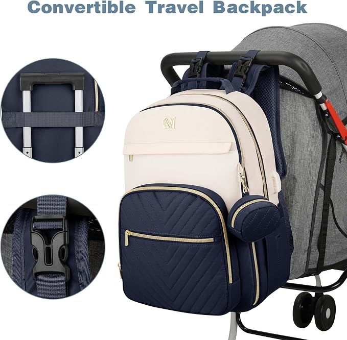 Diaper Bag Backpack, Quilted Baby Bag with Changing Pad & Stroller Straps & Pacifier Case, Large Travel Diaper Bags for Mom Dad, Blue Beige - Image 5