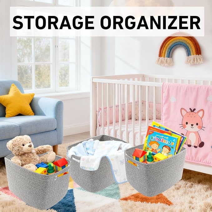 3 Pack Woven Baskets,Storage Baskets for Shelves with Handles | 13.5"×11"×9.5", Closet Baskets, Nursery Organizer for Toys Towels Books, Storage Bin for Living Room Bedroom (Mixed Grey) - Image 4