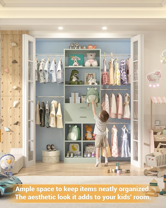 Small Closet System, 3.2-6.8FT Small Closet Organizer with 2 Wooden Drawers & 5 Hanging Rods, Can Fit 37.5 to 81.9 inch Walk-in Closet System, Built-in, Crab Green, Enclosed Storage Volume 2.32 ft³ - Image 6