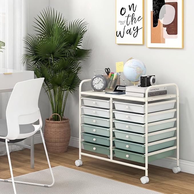 RELAX4LIFE 12-Drawer Rolling Storage Cart - Mobile Utility Cart on Wheels for School Classroom Teacher Office Salon, Paper File Art Supply Craft Organizer, Rolling Cart with Drawers (Gradient Green) - Image 5