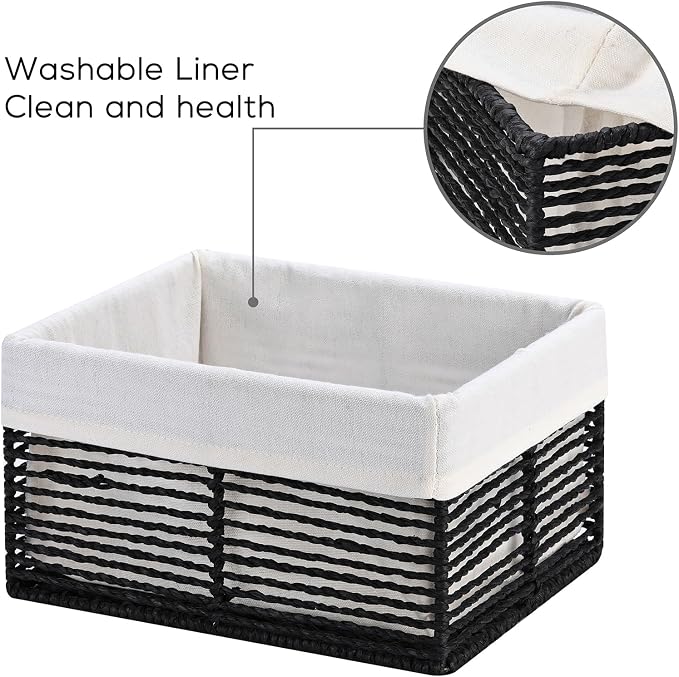Wicker Storage Baskets, Hand-Woven Paper Rope Black Baskets for Storage, Rectangular Small Wicker Baskets for Organizing, Cube Storage Bins for Closet/Clothes/Dresser, Black, 5-Pack - Image 3