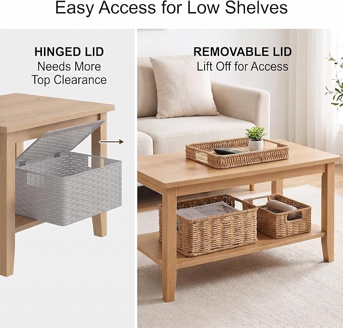 Wicker Storage Basket with Lid for Shelves, Set of 2, Natural | One rectangular wicker basket with lid and one open basket for decorative shelf storage; removable lid flips into a tray. - Image 3