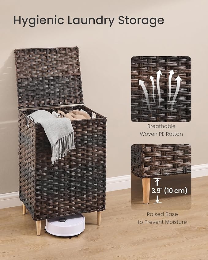 SONGMICS 2-Section Laundry Hamper with Lid, 29 Gal (110L) PE Rattan Laundry Basket with Removable Washable Liners, for Bedroom & Living Room, Chestnut Brown ULCB222ME01 - Image 5