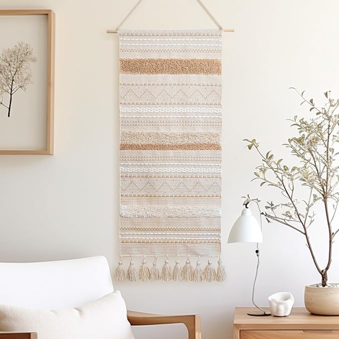 BlissBlush Long Vertical Wall Hanging Tapestry Woven Boho Farmhouse Decor Cream Beige Tassel Handmade Wall Art Decoration for Bedroom Living Room Dorm Nursery Apartment, 16x39 INCH by BlissBlush