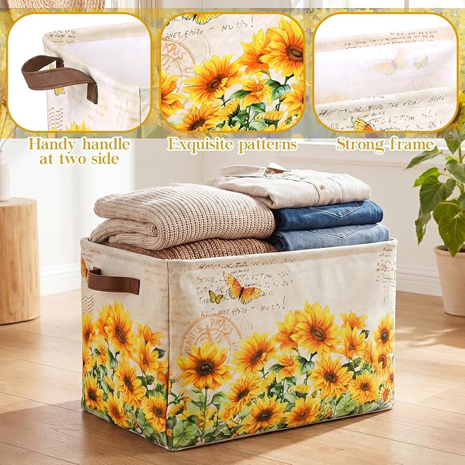 Fourluoo 6 Pack Sunflower Storage Basket with Handles Sunflower Clothes Storage Basket Bin Foldable Box Bins Organizer for Closet Shelf Nursery Kid Room Book Toy Chest - Image 6