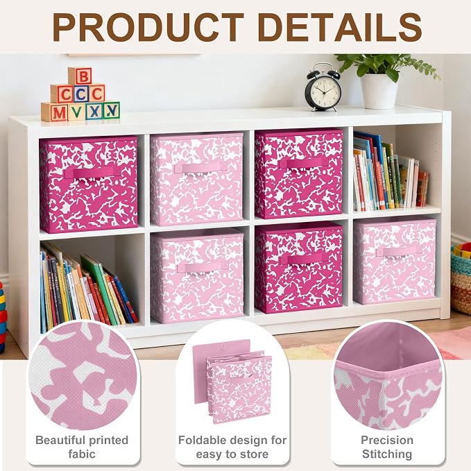 LemonRoad 6 Fabric Storage Cubes 11 Inch Foldable Marble Storage Bins for Organizing Pantry, Toy Box, Clothes Closet Collapsible Baskets for Shelves School Organizing with Handle(Pink, Classic) - Image 3