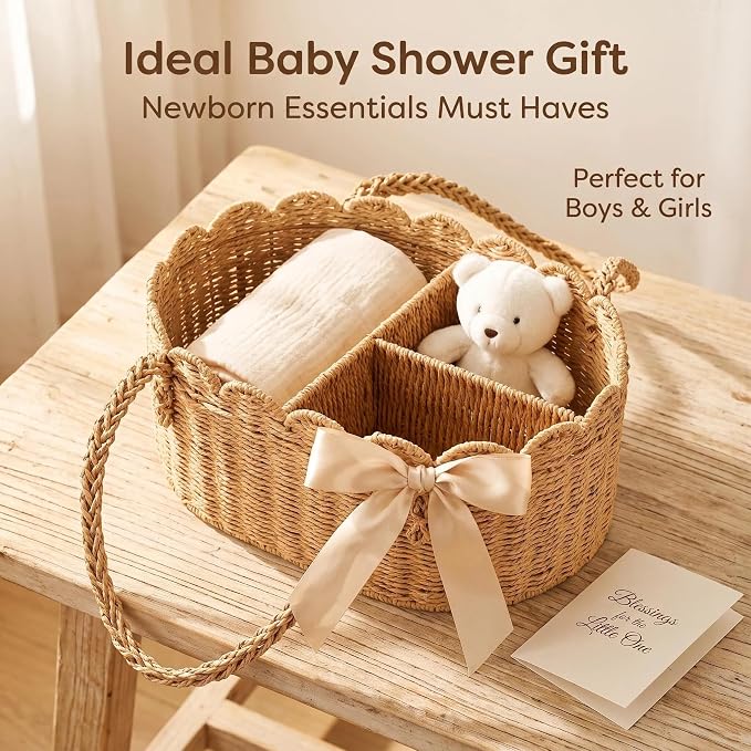 Woven Diaper Caddy for Baby, Paper Rope Storage Bin with Removable Divider, Baby Stuff Organizer for Nursery, Portable Car Storage Basket for Diapers, Baby Shower Gifts, Newborn Essentials Must Haves - Image 8