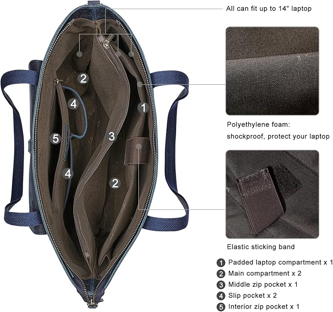 S-ZONE Women Vintage Genuine Leather Tote Bag Large Shoulder Purse Work | 14" Padded Laptop Compartment, Detachable Long Strap, Luggage Strap, Multi Pockets, Travel Everyday - Image 4