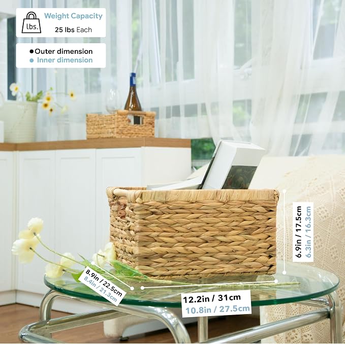 Natural Water Hyacinth storage basket with Handle, Rectangular Organizing Basket for Organizing, Decorative Wicker Storage Bins for Living Room, Medium Wicker Baskets - 3 Pack Medium - Image 4