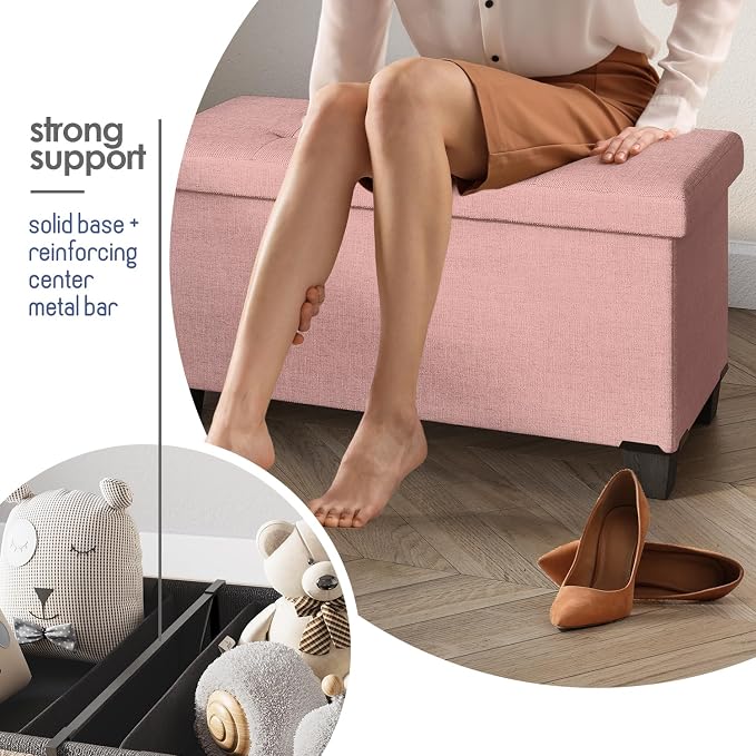 Storage Ottoman Bench with Bins, 30-in Storage Bench for Bedroom End of Bed, Folding Foot Rest Ottoman for Living Room Max 660lbs, Fabric Ottomans, Pink - Image 5