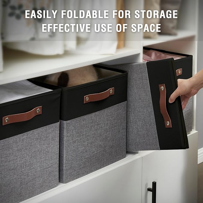 Collapsible Fabric Storage Cube Bins with 2 Reinforced PU Handles, Foldable Storage Organizer Baskets for Closet, Shelves, Living Room | 11"x11"x11", 4 Pack, Black & Gray - Image 6