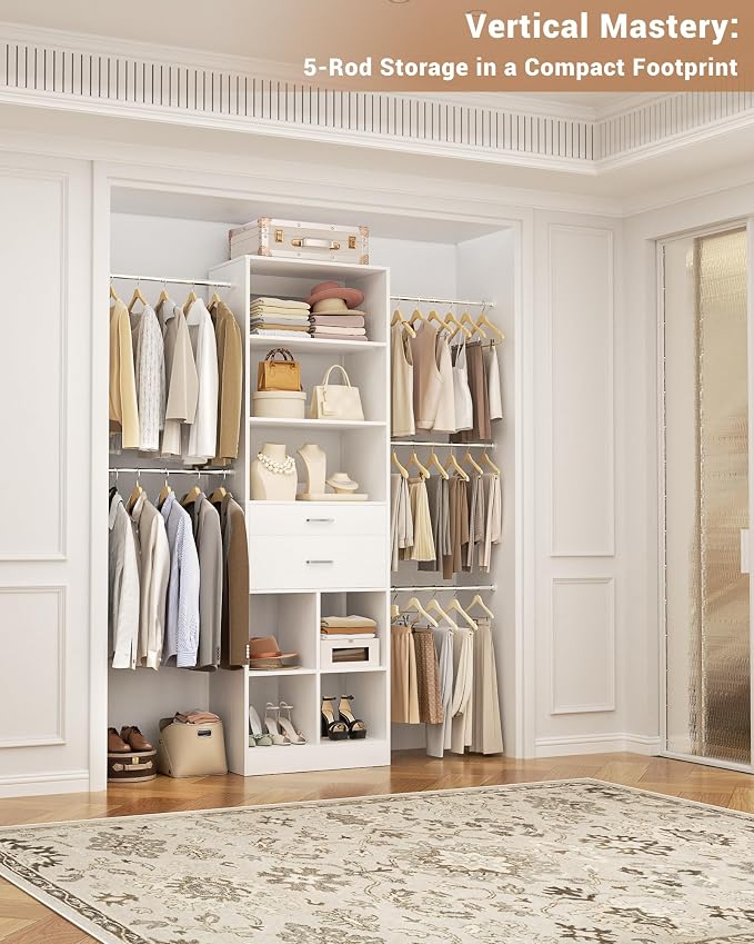 Besiost Small Closet System, 3.2-6.8FT Small Closet Organizer with 2 Wooden Drawers & 5 Hanging Rods, Can Fit 37.5 to 81.9 inch Walk-in Closet System, Built-in, White, Enclosed Storage Volume 2.32 ft³ - Image 8