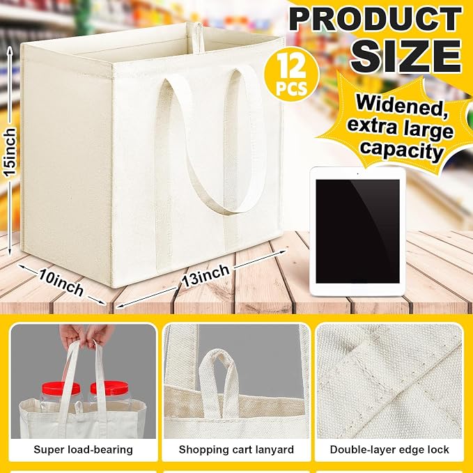 Amylove 12 Pack Canvas Grocery Bag,Heavy Duty Reusable Tote Bag | Reinforced Canvas, Large Capacity, Washable & Foldable, Strong Handles, for Grocery Shopping, Storage, Laundry & Travel - Image 3