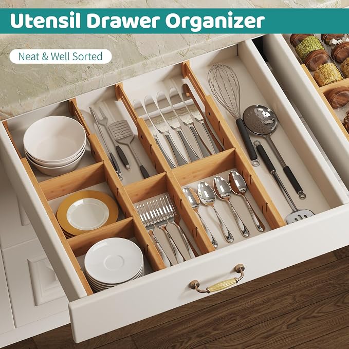 6 Pack Bamboo Drawer Dividers with Inserts, Kitchen Adjustable Drawer Organizers, Expandable Organization for Home, Dressers, 6 Dividers with 12 Inserts - Image 7