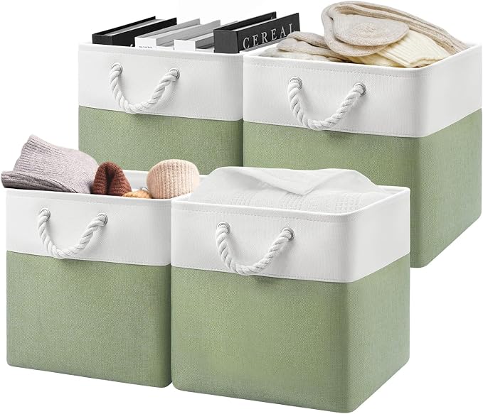 Patvingot 13-Inch Fabric Cube Storage Bins with Handles,4 Pack,Foldable | For cube shelves and closets,keeps grouped for everyday access,reinforced opening and fold-flat storage,white and green by Patvingot