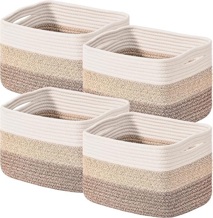 ICERZCZ Shelf Baskets for Organizing, Storage Baskets for Shelves, Woven Baskets for Storage, Cotton Rope Baskets with Handles for Toy, Book, Clothes, 12.5"Lx9.1W"x7.9H", (4 Packs) Gradient Brown by ICERZCZ