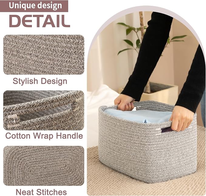 OIAHOMY 4 Pack Storage Baskets for Organizing 24L Cube Storage Bins Grey | Woven Baskets for Storage Rectangle Small Baskets With Handles Baskets for Shelves Wicker Baskets for Shelves 16x12x8inch - Image 2