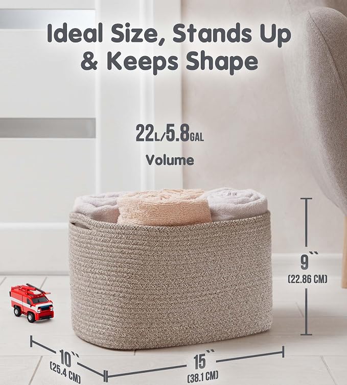 CHAT BLANC Cotton Rope Baskets for Organizing, Shelves, Toys, Storage, Shoe, Bathroom, Laundry, Towel, Nursery, Home Decor, Blanket, Cloth Woven Bins Fabric (Brown, 15"x10"x9") - Image 4