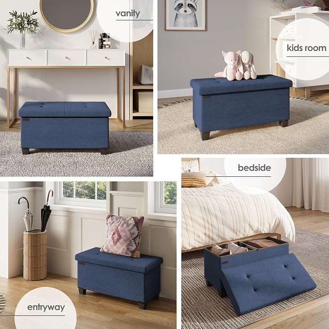 Storage Ottoman Bench with Bins, 30-in Storage Bench for Bedroom End of Bed, Folding Foot Rest Ottoman for Living Room Max 660lbs, Fabric Ottomans, Blue - Image 4