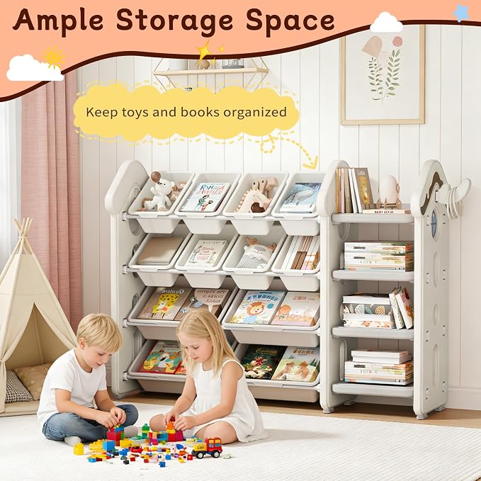 Pipleo Kids Toy Storage Organizer with 12 Removable Bins, Toy Organizers and Storage with 4-Tier Bookshelf for Kids Toy Storage Organizer (Beige) - Image 7