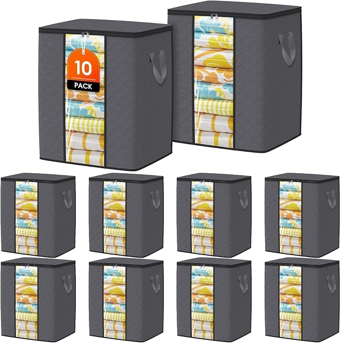 SpaceTrove Clothes Storage Bags, 10-Pack Comforter Blanket Organizers, 80L Large Capacity Containers with Visual Window for Clothing, Quilt, Sheet, Pillow, Closet Organization for Bedding (Grey) by Unknown