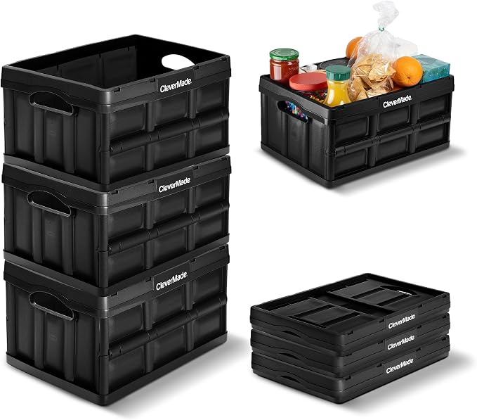 CleverMade Collapsible Storage Bins, 32L, 3 Pack Foldable Storage, Obsidian | Turn Trunk and Garage Clutter into Stackable Order | Reinforced Plastic Handles Up to 66 lb, Then Nests Compactly When Folded by CleverMade