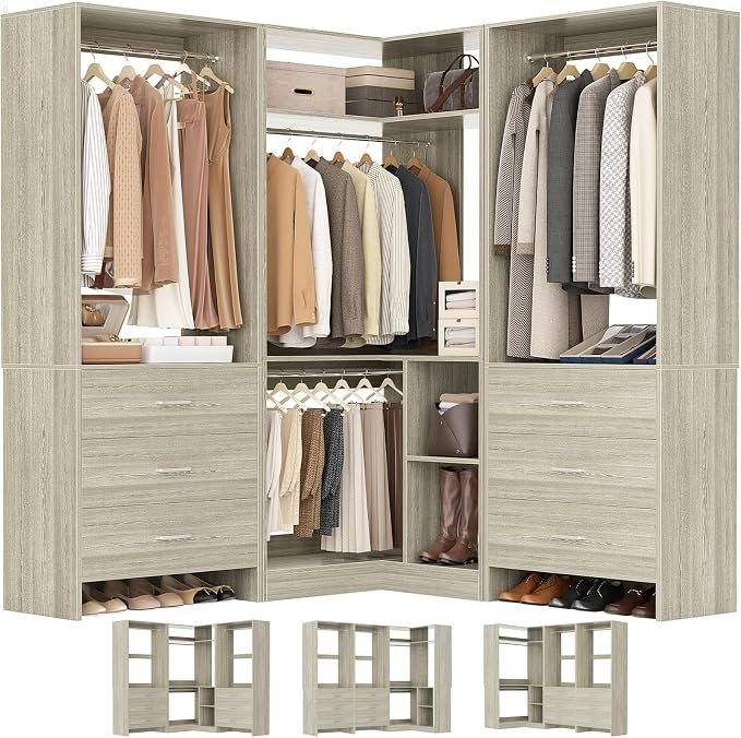 Aheaplus Closet System with 6 Drawers, 4 Hanging Rods & Corner Tower, Corner Closet System with Hanging,80.9" L-Shaped Walk-In Wardrobe Organizer, 2000+ lbs Capacity, Set of 3, White Oak by Aheaplus