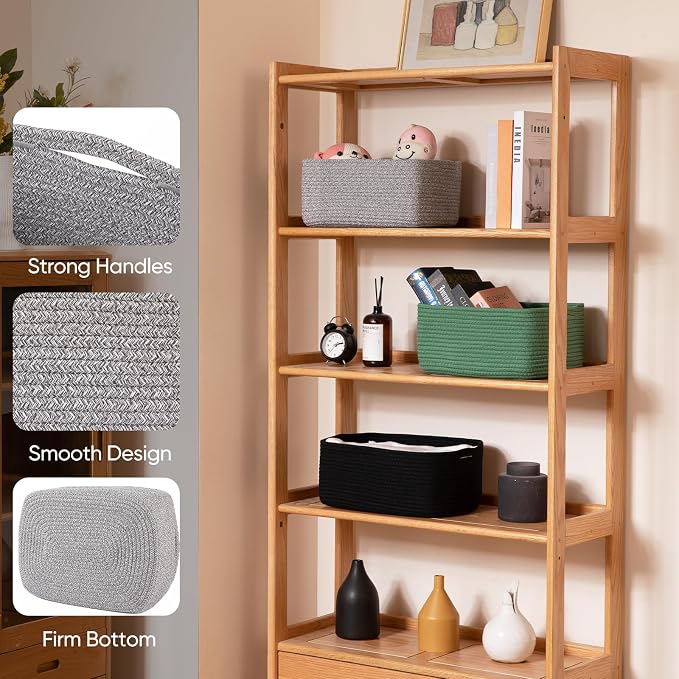 OIAHOMY 4 Pack 14.17 * 11.02 * 6.3IN Storage Baskets for Organizing Shelves, Woven Rope Baskets for Organizing Books, Clothes, Decorative Basket for Living Room, Nursery, Bedroom, Gift Basket, Grey - Image 3