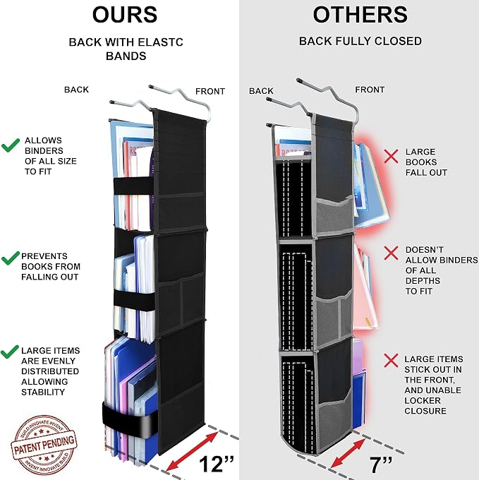 ABRA® 3 Shelf Hanging Locker Organizer for School, Work, Gym, Closet | Deep Shelves 6.5”x 9”| Eco-Friendly Fabric Healthy for Children | Adjustable School Locker Shelf from 3 to 2 Shelves (Pure Black) - Image 3